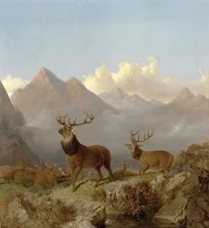 Detalje af hjorte og hinde i et højlandslandskab, 1864