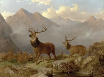 Hjorte og hinde i et højlandslandskab, 1864