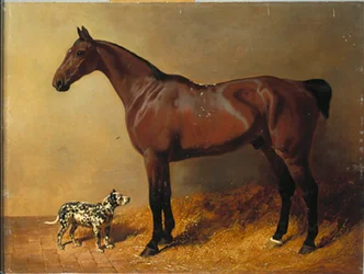 En bugtjæger og en plettet hund i et staldinteriør, 1846