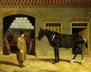 En vognhest og kusk uden for en stald, 1827