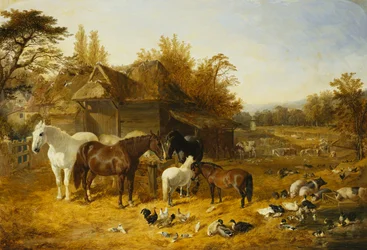 En bondegård med heste og ponyer, Berkshire, saddlebacks, Alderney Shorthorn Cattle, Bantams, Mallard og Perlehøns, med et landsted ved en flod i det fjerne, 1853