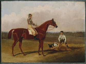"Barfoot", væddeløbshesten, med en jockey op og en brudgom, 1835