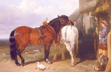 Carthorses ved en hyttedør