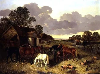 Heste, grise, fjerkræ, and og kvæg i en gård