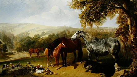 Hopper og føl i et landskab (olie på lærred)
