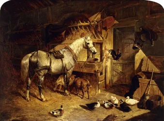 Interiøret i en stald med en skimmel i seletøj, med ænder, geder og en hane ved en krybbe, 1843