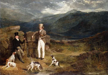 To herrer med stående jagthunde på en hede med ryper, 1824