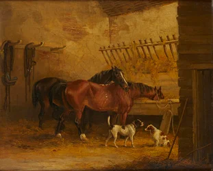Heste og hunde i et staldinteriør (olie på lærred)