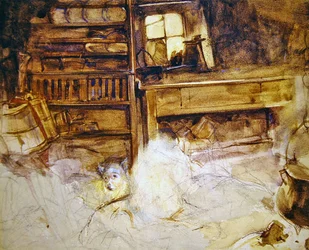 En terrier i et sommerhus i højlandet (blyant og akvarel på papir)