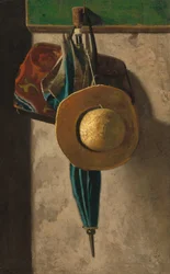 Stråhat, taske og paraply, 1890 begyndelsen af 1900-tallet.