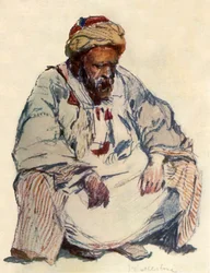 Siddende figur af syrisk hyrde i fåreskindsfrakke, 1902.