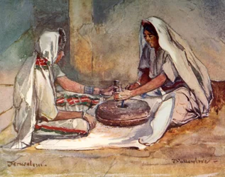 To kvinder maler ved en håndmølle, 1902.
