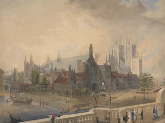Udsigt over Westminster Hall og Abbey fra broen