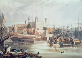 Udsigt over Tower of London, indgraveret af Daniel Havell (1785-1826) pub. i Ackermanns Kunstlager, 1819