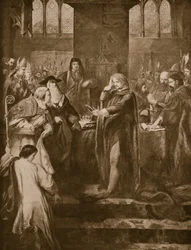 Kong Richard II afgiver kronen til sin fætter Bolingbroke, illustration fra "Hutchinson