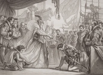 Dronning Elizabeth I (1530-1603) udnævner Francis Drake (1540-96) til ridder fra "Illustrations of English and Scottish History" bind I