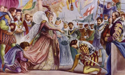 Dronning Elizabeth II ridder Sir Francis Drake om bord på sit skib, The Golden Hind, Deptford, 1581