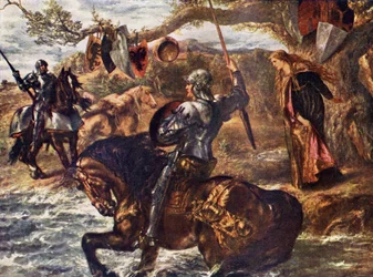 Sir Lancelot, illustration fra "Romance and Legend of Chivalry" af A. R. Hope Moncrieff (litografi i farve)