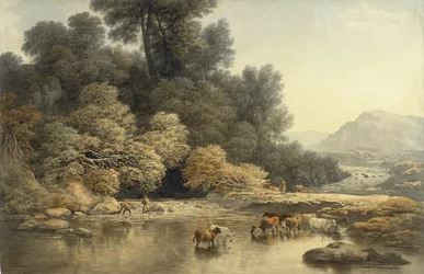 Bakket landskab med flod og kvæg, ca. 1810 (wc over grafit på vævet papir)