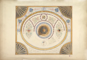 Design til loft med to portrætter og ventilatorstøtter ved hjørner, 1800-tallet.