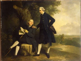 Dobbeltportræt af Thomas Somers Cocks og Richard Cocks fra Castleditch, begge som små helfigurer, førstnævnte i blå frakke og vest med en sort trekantet hat i hånden, sidstnævnte siddende i blå frakke og vest med et manuskript i hånden, i et landskab