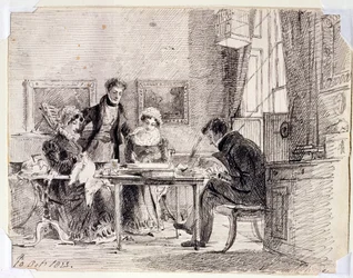 Familiegruppesyning og læsning, 10. oktober 1823 (pen og blæk på papir)