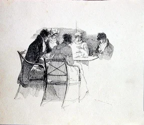 Gruppe samlet omkring et bord (pen og blæk på papir)