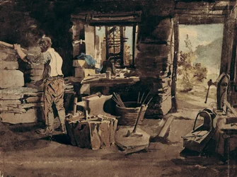Interiør af Smithy, Ambleside (wc på papir)