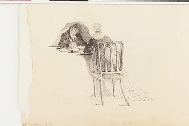 Mand og kvinde skriver ved et bord (pen og blæk på papir)