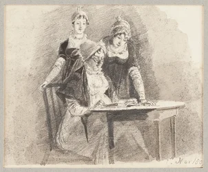 Tre ved et bord, en siddende, 1807 (blyant og vask på papir)
