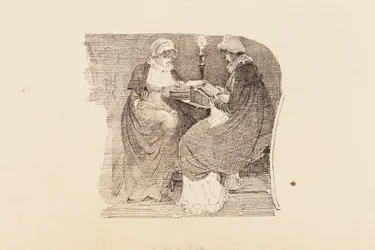 To kvinder læser ved lampelys, 1804 (pen og blæk på papir)