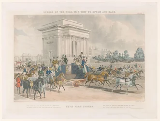 Udsigt over en gade og Wellington Arch ved Hyde Park Corner Hye Park Corner (titel på objekt) Gadebilleder omkring Epsom (serietitel) Scener på vejen eller en tur til Epsom og tilbage (serietitel)