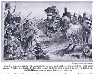 Edward II samlede en hær og kæmpede et slag ved Bannockburn 1314 AD, hvor Bruce besejrede englænderne, ca. 1950