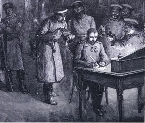 Prins Alexander underskriver sin abdikation i 1886, illustration fra Hutchinsons Nationernes historie, bind 4, ca. 1920