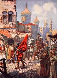 Ivan den grusommes tilbagevenden til Moskva efter erobringen af Kazan (farve litho)