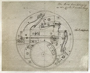 Tegning af layoutet af bevægelsen af H4-tidtageren af John Harrison (1693-1776), ca. 1759 (pen og blæk på papir)