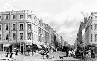 Market Street fra Market Place, Manchester, indgraveret af Frederick James Havell, 1829