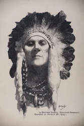 Selvportræt med indiansk hovedbeklædning, 8. marts 1939 (pen og blæk på karton)