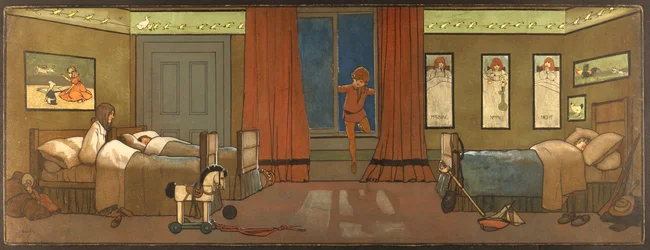 Darling-familiens børneværelse: Peter træder ind for at lede efter sin skygge, og Wendy vågner, illustration fra Peter Pan, ca. 1906