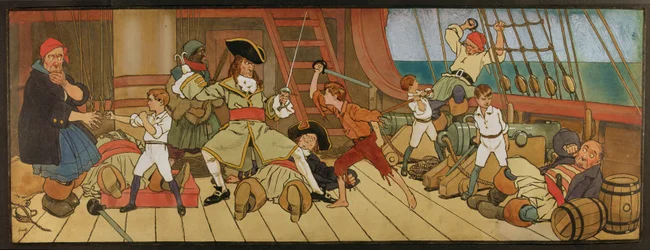 De Fortabte Drenge i kamp med piraterne og Peter i den sidste duel med kaptajn Klo, illustration fra Peter Pan, ca. 1906