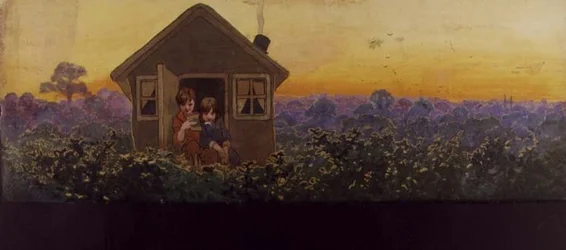 Trætoppene ved solnedgang et år senere: Peter i det lille hus med Wendy på sit årlige forårsrengøringsbesøg, illustration til 
