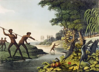 Jagt på kænguruen, aboriginer i New South Wales graveret af Matthew Dubourg (fl.1813-1820) 1813