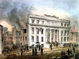 Ruiner af Merchants Exchange New York, indgraveret af Nathaniel Currier (1813-88) pub. af J. Disturnell og kunstneren