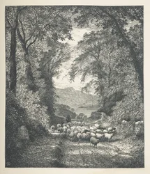 Plade 4. Får bliver drevet af en hyrde langs en sti.  Naturbilleder. En serie på tredive originale illustrationer tegnet på træ af J. H. Dell og graveret af R. Paterson.  John Henry Dell
