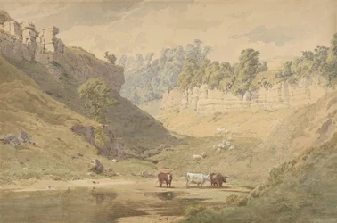 Kvæg ved et vandhul i en dal, 1830-86.