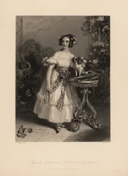 Augusta Georgina Frederica Fitzclarence, datter af Lord Frederic Fitzclarence, uægte søn af kong William IV. Hun bærer sit hår i ringlets og bånd, og bærer en off-the-shoulder kjole bundet med et skærv, holder en King Charles spaniel på en pude