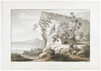 Kystudsigt i New Zealand, med indfødt hytte og en sejlende kano i bugten, fra 