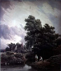 Landskab med vandmølle og figurer