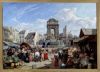 The Market and the Fountain of the Innocents in Paris Maleri af John James Chalon (1778-1854) 1822 Søn. 1,06x1,52 m Paris, Carnavalet Museum
