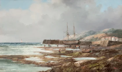 Uden titel [fortøjet sejlskib med landsby i baggrunden]